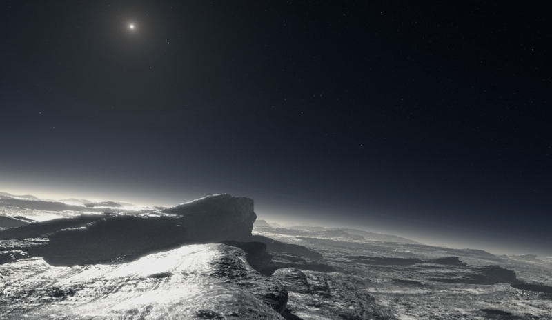 Vue d'artiste de la planète Pluton. Elysium V doit présenter plus ou moins le même visage ainsi que la même luminosité que celle-ci, vu sa composition et son éloignement par rapport à son étoile.